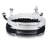 Hand woven black and white rope with engraved steel plate lettering love magnetic stainless steel couple bracelet