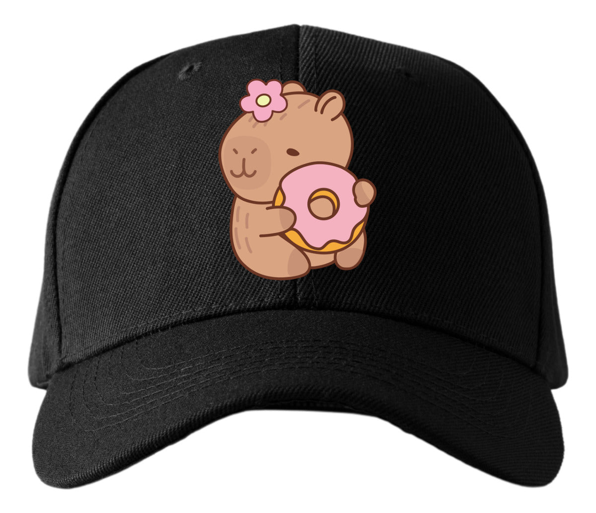 Gorra Negra Tipo Baseball – Capibara con Dona | Accesorios Unisex Ajolotástico