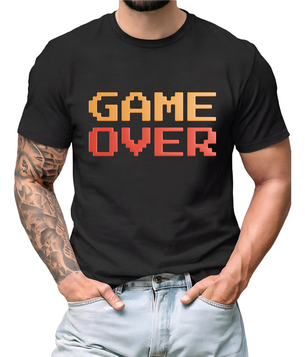 Playera Negra Hombre – Game Over Pixel Art Gamer | Minimalismo Urbano Ajolotástico
