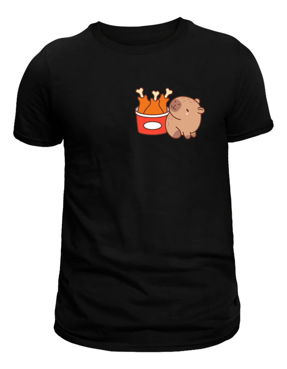 Playera Negra Hombre – Capibara con Pollo Frito | Minimalismo Urbano Ajolotástico