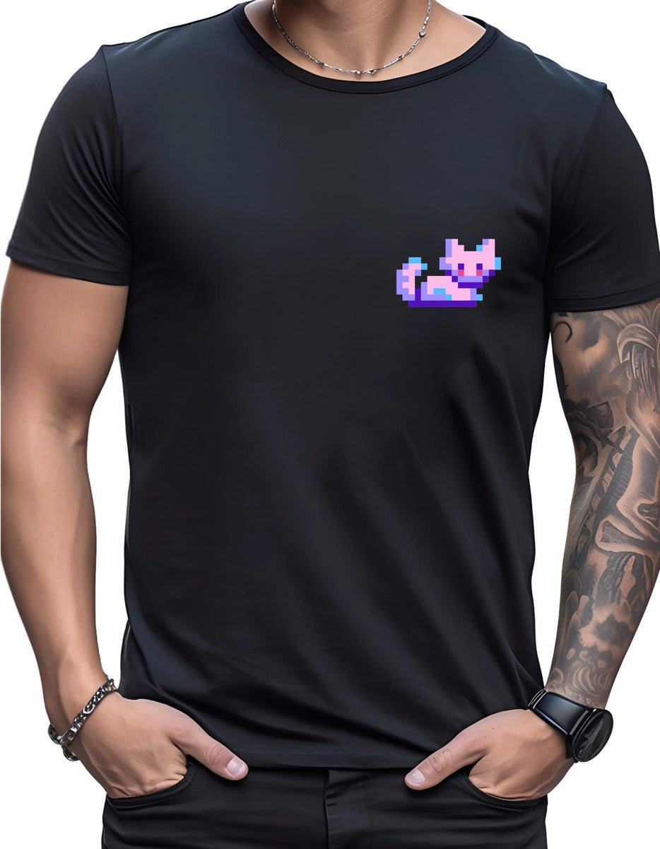 Playera Negra Hombre – Gato Pixel Art Estilo Arcade | Minimalismo Urbano Ajolotástico