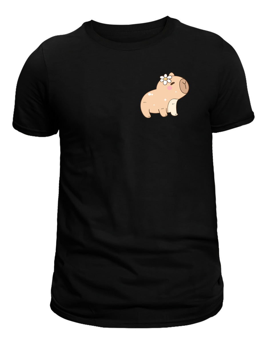 Playera Negra Hombre – Capibara con Flor | Diseño Tierno Minimalista | Minimalismo Urbano Ajolotástico