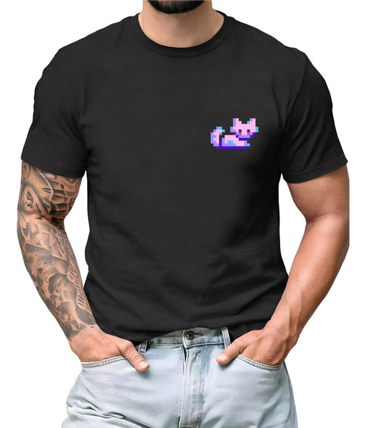 Playera Negra Hombre – Gato Pixel Art Estilo Arcade | Minimalismo Urbano Ajolotástico