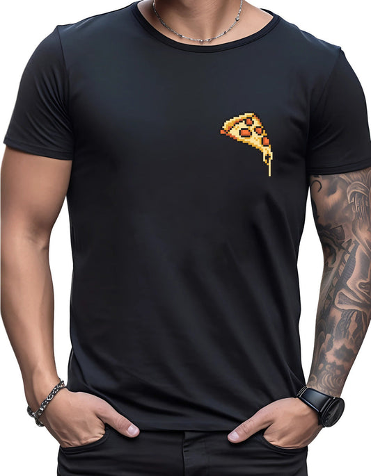 Playera Negra Hombre – Diseño Pixel Art Pizza Retro | Minimalismo Urbano