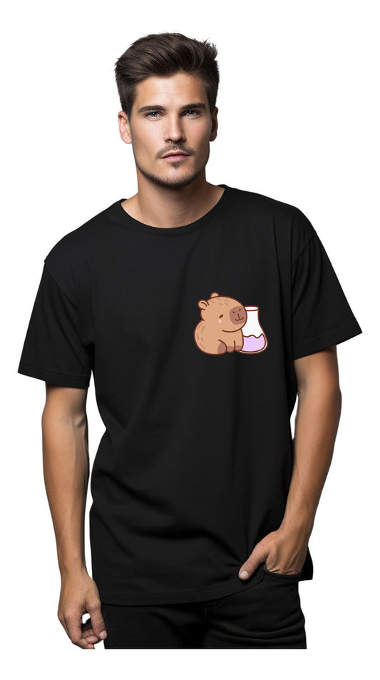 Playera Negra Hombre – Capibara Químico Regalo Geek | Minimalismo Urbano