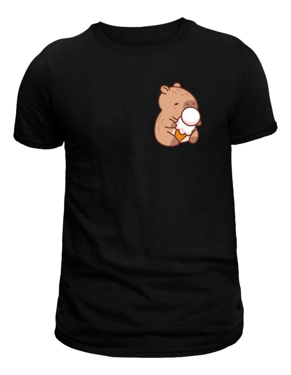 Playera Negra Mujer – Capibara con Helado | Diseño Divertido Minimalista Ajolotástico