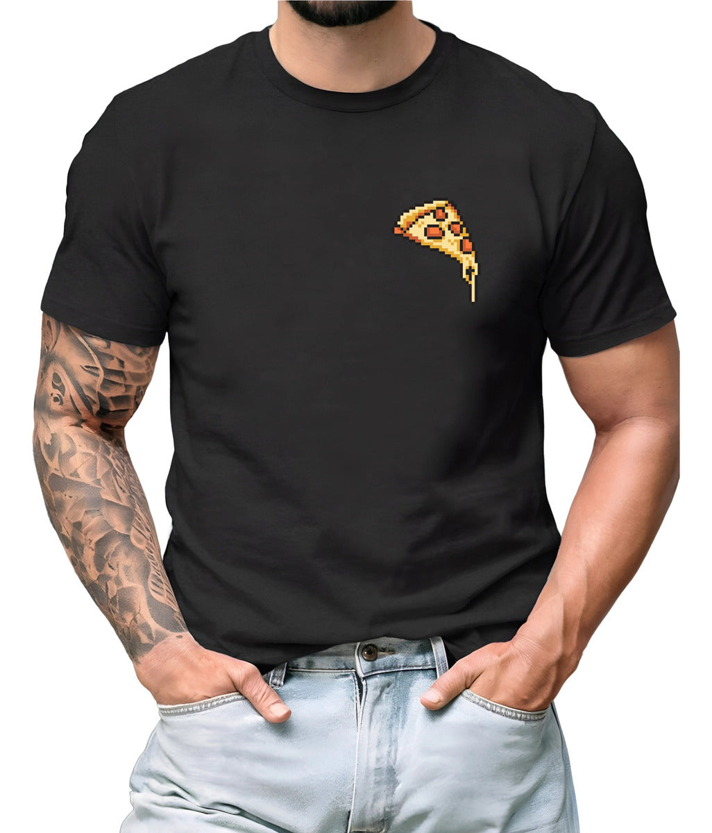 Playera Negra Hombre – Diseño Pixel Art Pizza Retro | Minimalismo Urbano Ajolotástico