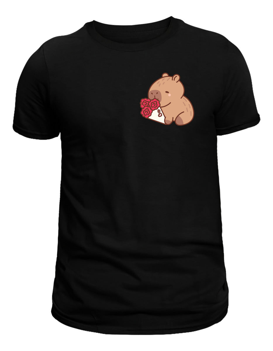 Playera Negra Mujer – Capibara con Ramo de Rosas | Minimalismo Urbano Ajolotástico