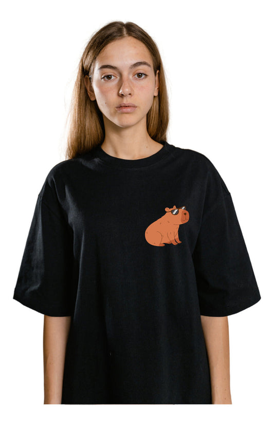 Playera Negra Mujer – Capibara con Lentes Cool | Minimalismo Urbano