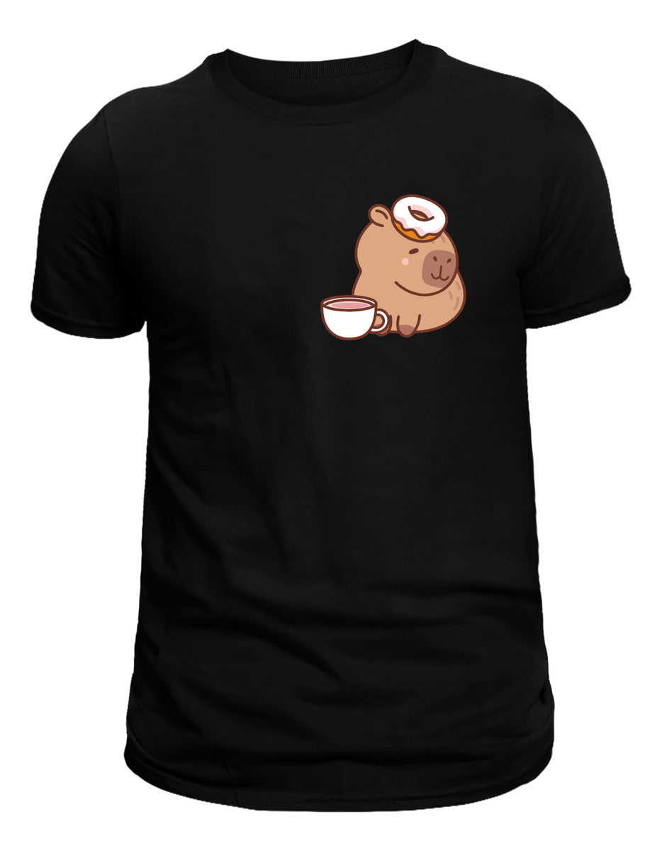 Playera Negra Hombre – Capibara con Dona y Café | Minimalismo Urbano Ajolotástico