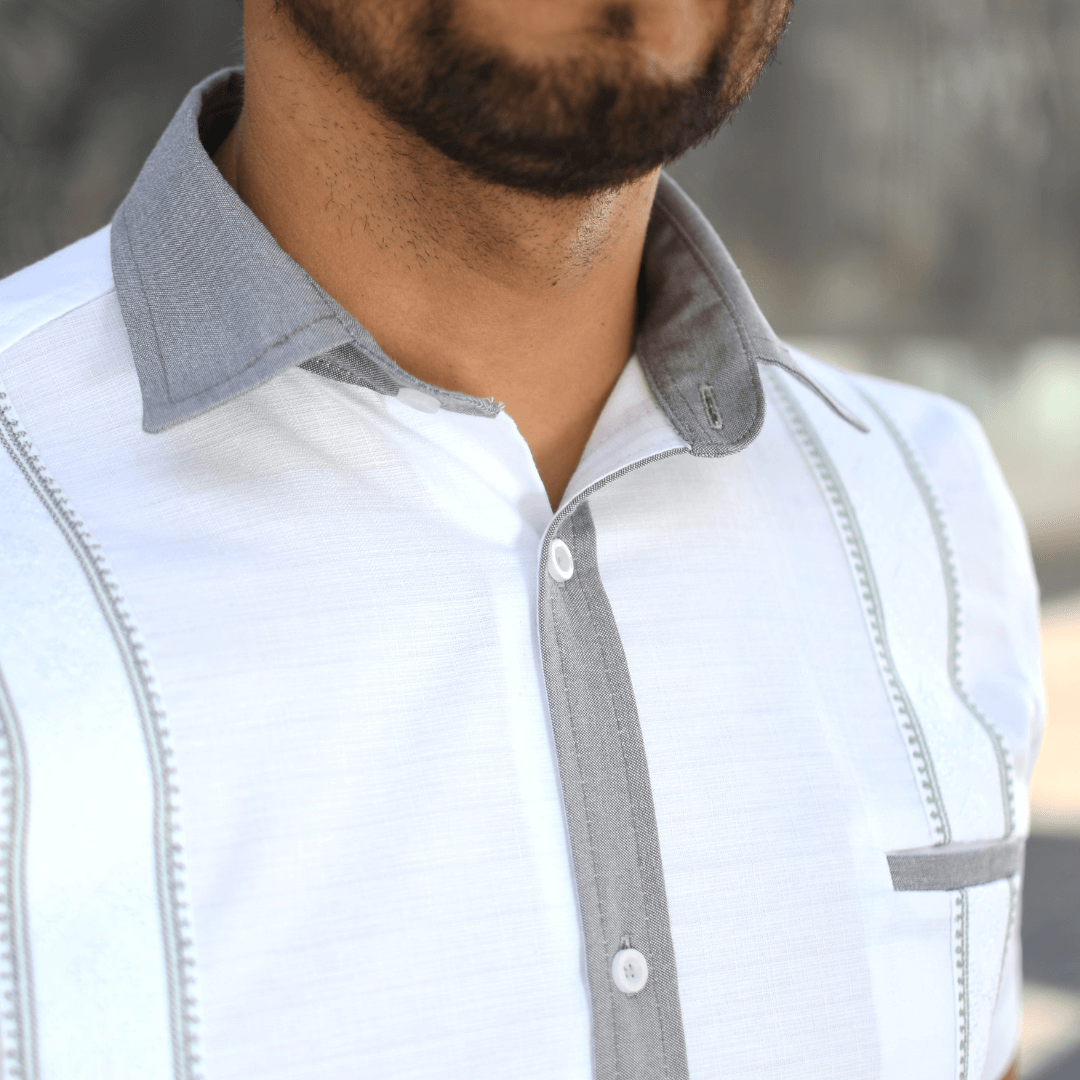 Camisa Guayabera Blanco/Gris LeMaan Tienda de Moda Artesanal