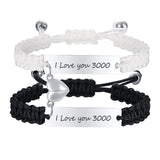 Hand woven black and white rope with engraved steel plate lettering love magnetic stainless steel couple bracelet