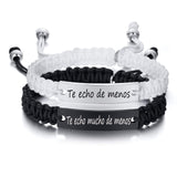 Hand woven black and white rope with engraved steel plate lettering love magnetic stainless steel couple bracelet