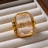 Retro Square Natural Stone Crystal Ring Metal Geometry for Women Brass Jewelry Fashion  High Quality Gifts European American