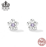 EIFFIE Sterling Silver S925 Mini Small Flower Stud Earrings Platinum Plated Purple Zircon Fashion Exquisite Flower Earrings
