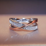 Huitan Newest Fresh Two Tone X Shape Cross Ring for Women Wedding Trendy Jewelry Dazzling CZ Stone Large Modern Rings Anillos