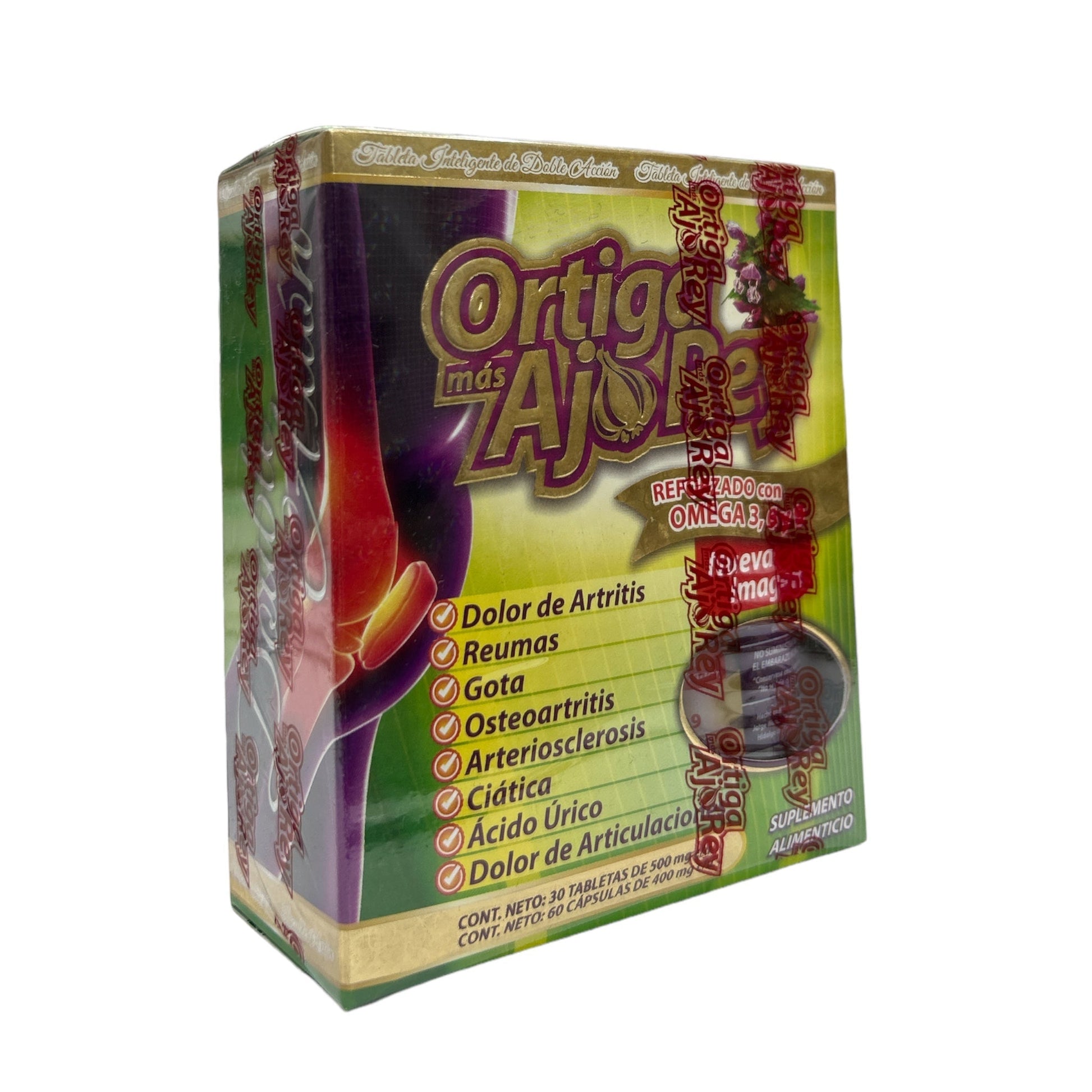 TABLETAS ORTIGA  (MAS) + AJO REY C/30 Y C/60  VERDE OMEGA NUTRITION NatuZem