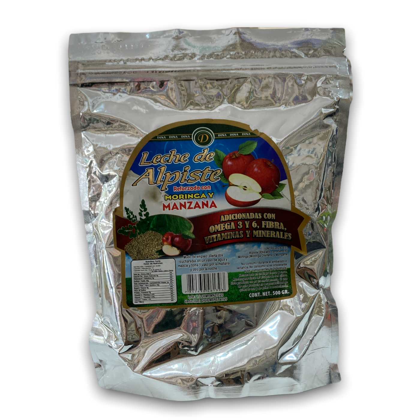 POLVO LECHE ALPISTE MORINGA Y MANZANA 500 GR DINA NatuZem