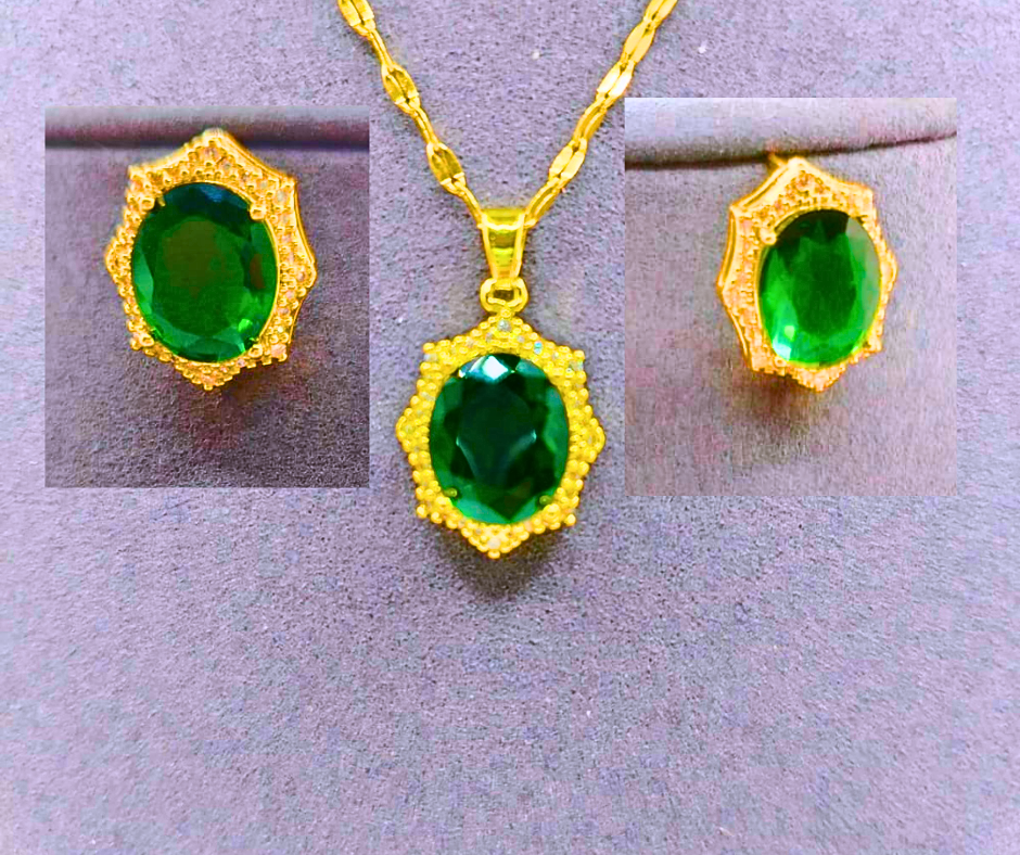 NEB0006 - Collar y Aretes Acero Titanio "Corona De Rey" Circonita Faceteada Verde Chapa Oro 14k Calenbi