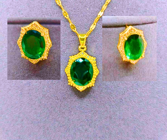 NEB0006 - Collar y Aretes Acero Titanio "Corona De Rey" Circonita Faceteada Verde Chapa Oro 14k Calenbi