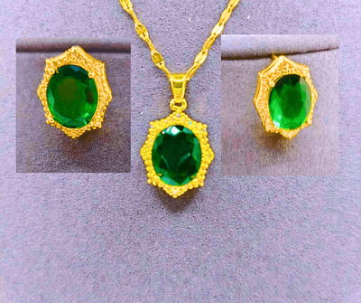 NEB0006 - Collar y Aretes Acero Titanio "Corona De Rey" Circonita Faceteada Verde Chapa Oro 14k Calenbi Calenbi Joyería