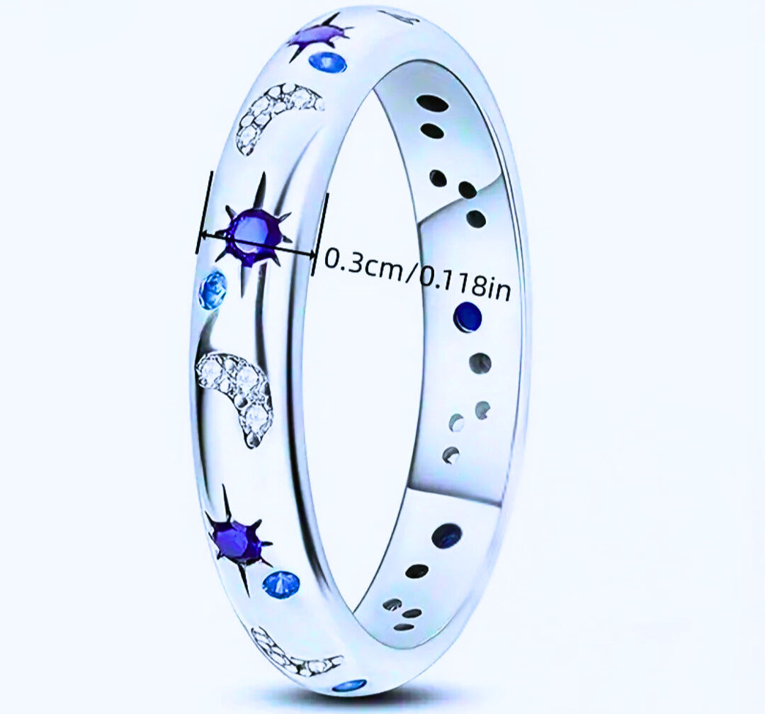 SR0007- Anillo S925 Ley "Sol, Luna y Estrellas" Cerrado Circonita Azul y Blanco Calenbi