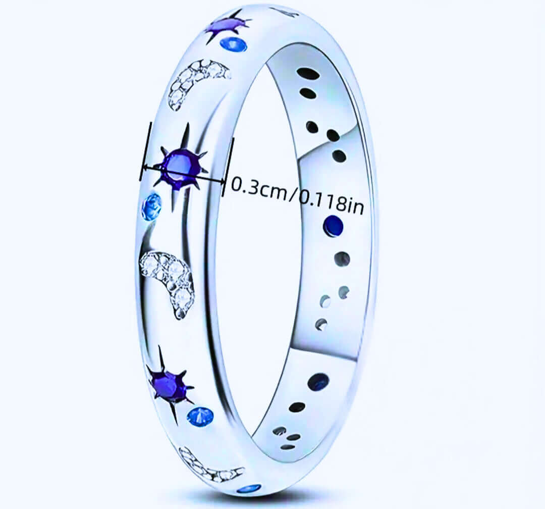 SR0007- Anillo S925 Ley "Sol, Luna y Estrellas" Cerrado Circonita Azul y Blanco Calenbi Calenbi Joyería