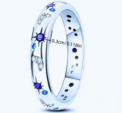 SR0007- Anillo S925 Ley "Sol, Luna y Estrellas" Cerrado Circonita Azul y Blanco Calenbi Calenbi Joyería