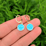 Collar y Aretes Cobre "Emoticon" Esmalte Azul Cielo Chapa Oro 10k