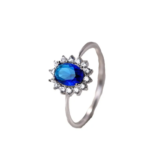 SR0070 Anillo S925 Ley "Oval" Circonita Cubica Azul y Blanco Cerrado Calenbi