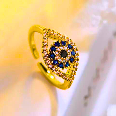 RB0023 - Anillo Acero Inoxidable Circonita Blanco y Azul Chapa Oro 14K Ajustable Calenbi Calenbi Joyería