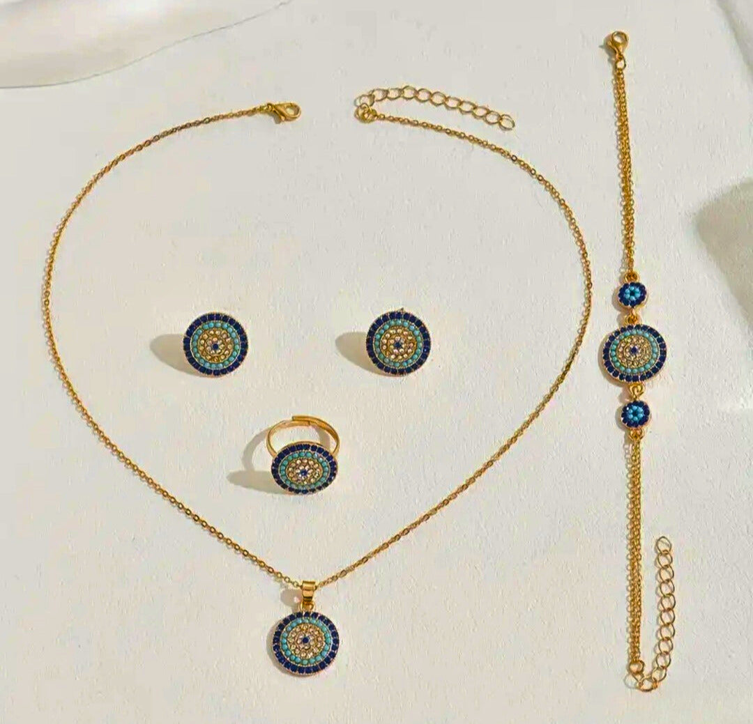 GCB0005 - Juego Completo Acero Inoxidable Ojo Turco Circonita Blanco y Azul Calenbi
