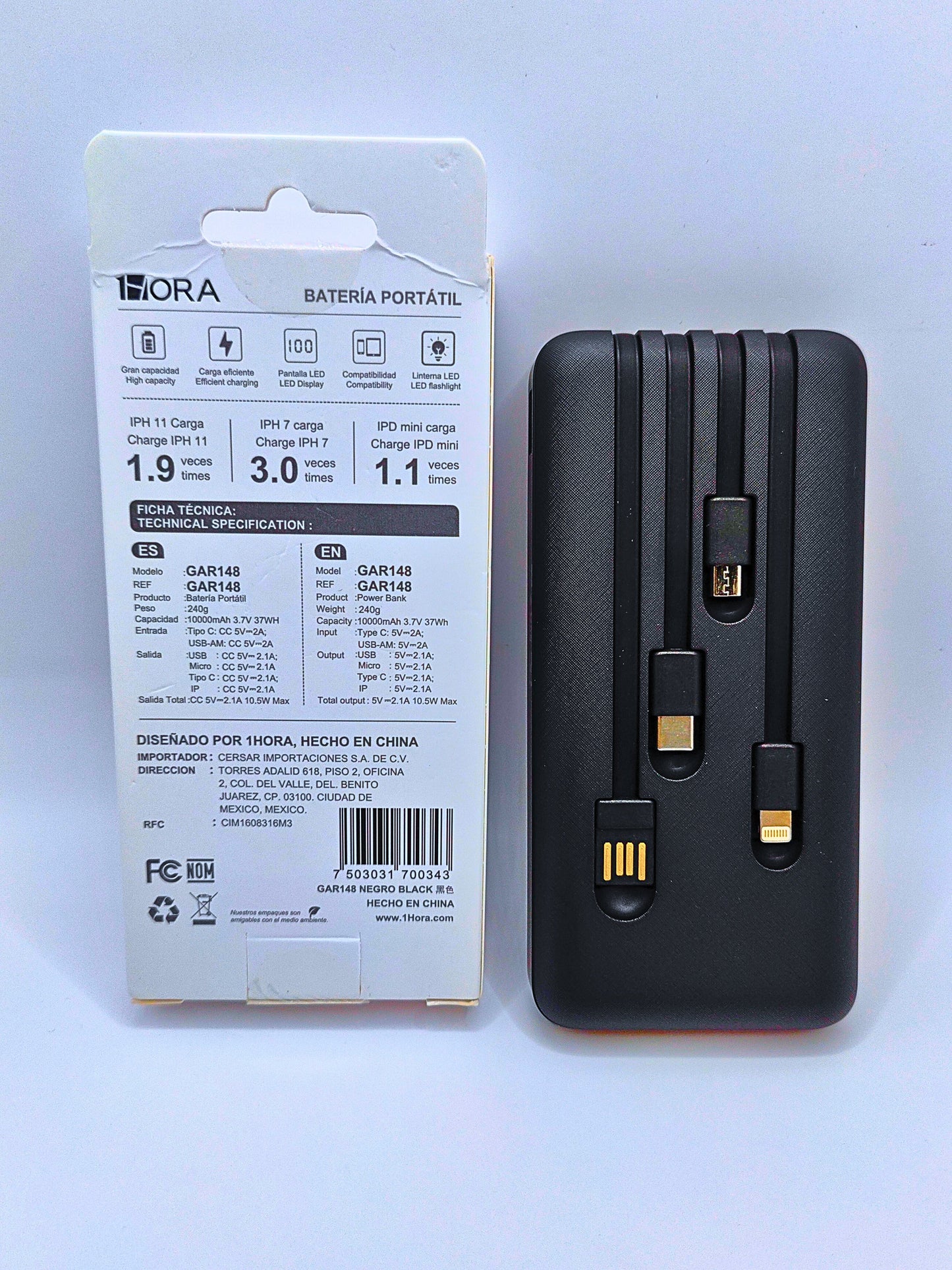 GAR263 - Batería Portátil 10,000Mah 10.5W MAX 1HORA Calenbi Joyería