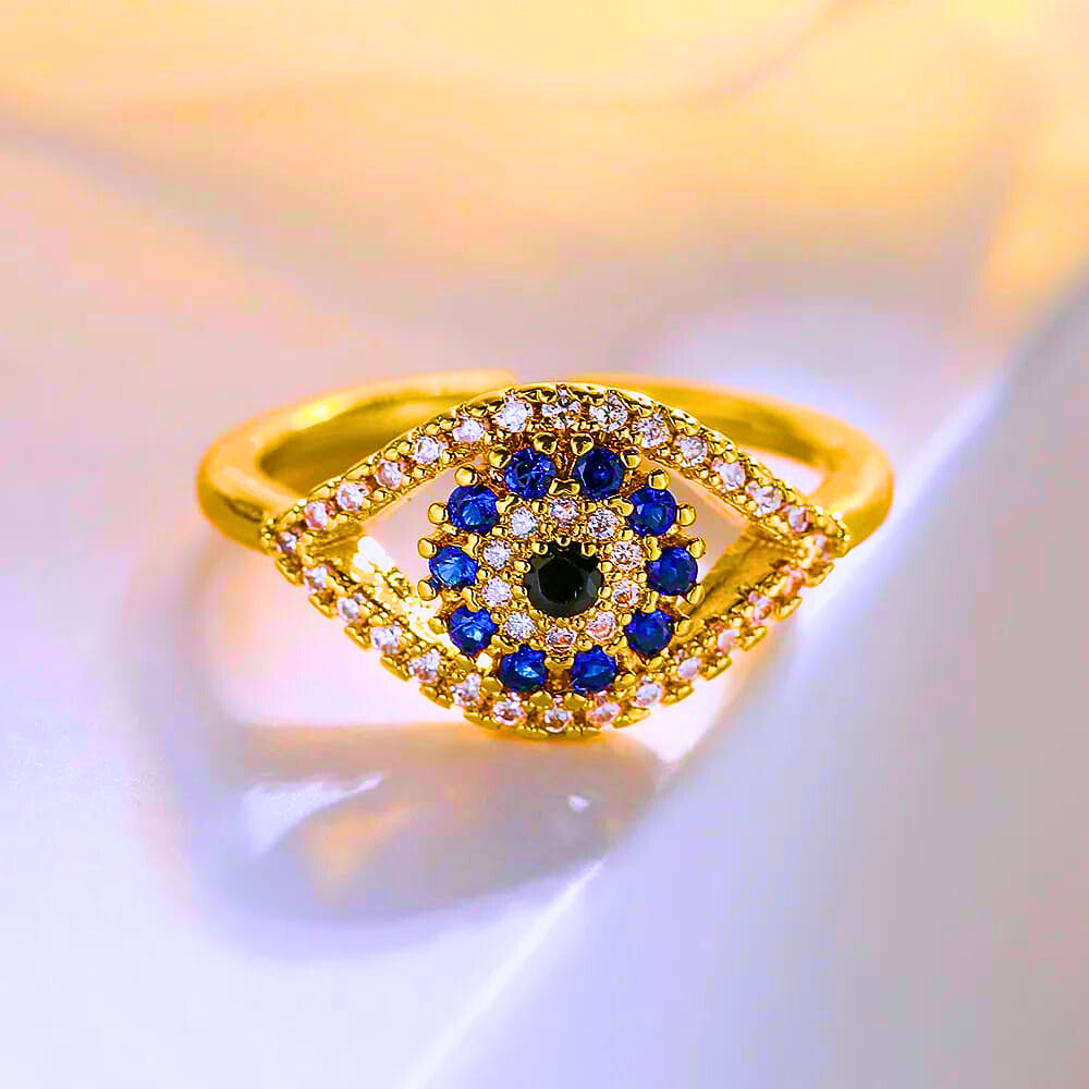 RB0023 - Anillo Acero Inoxidable Circonita Blanco y Azul Chapa Oro 14K Ajustable Calenbi Calenbi Joyería