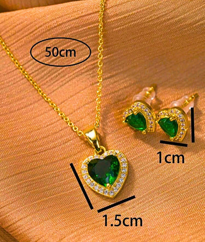 NEC0035 - Collar y Aretes Acero Inoxidable Corazón Circonita Verde Chapa Oro 10k Calenbi Calenbi Joyería