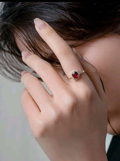 SR0043 - Anillo S925 Ley "Lujoso" Circonita Roja Cerrado Chapa Oro Rosa 10K Calenbi Calenbi Joyería