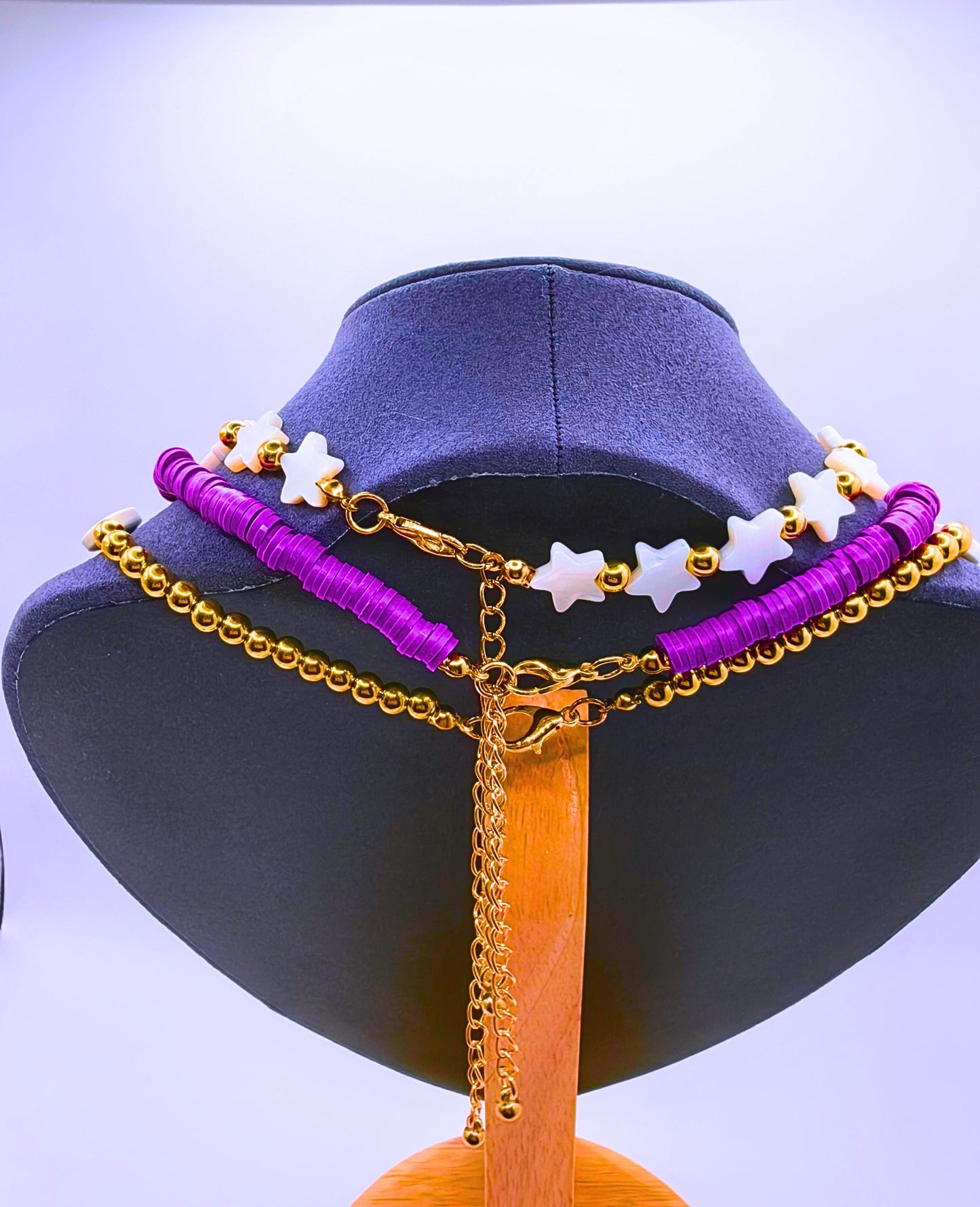 BNv0001 - Collar Plástico Bohemio Triple Morado Ojo Turco Calenbi