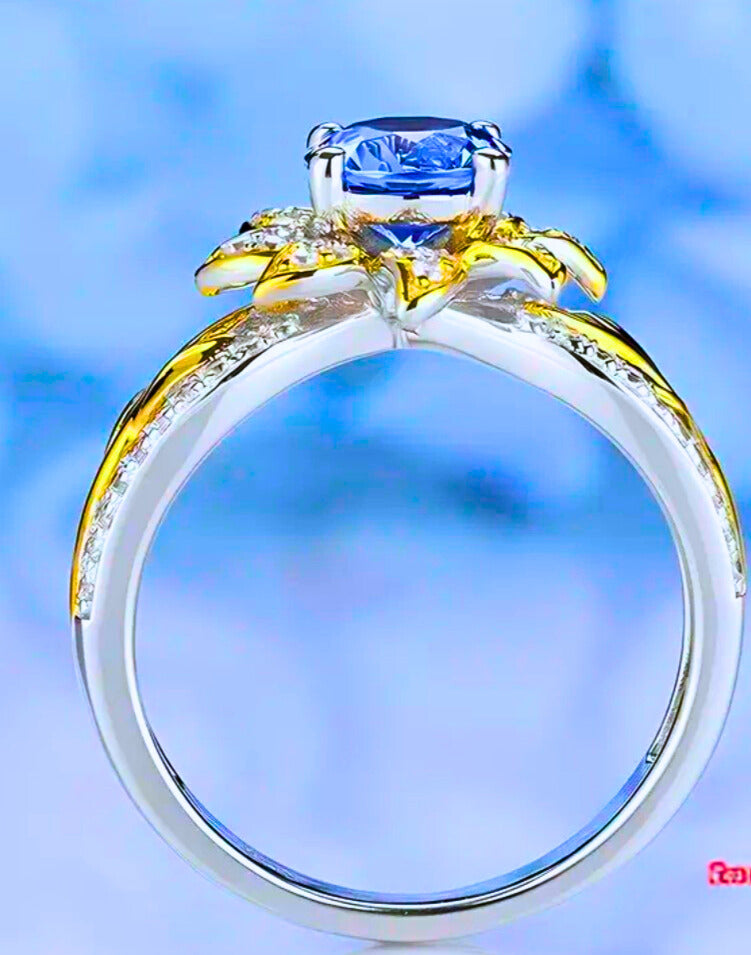 SR0059 - Anillo S925 Esterlina "Flor Amarilla" Cerrado Circonita Azul y Blanco Calenbi
