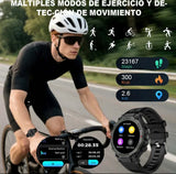 Imagen de un ciclista usando un smartwatch wifi funciones, mostrando datos de ejercicio y múltiples modos de entrenamiento.