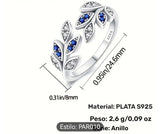 Anillo S925 Ley "Laurel Grande" Circonita Azul y Blanca Ajustable Calenbi
