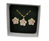 NEB0010 - Collar y Aretes Acero Titanio Circonita Cubica Rosa Flor Calenbi Calenbi Joyería