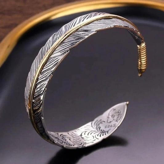 BB0018 - Pulsera Aleación Ajustable Pluma Dorada y Plateada Calenbi