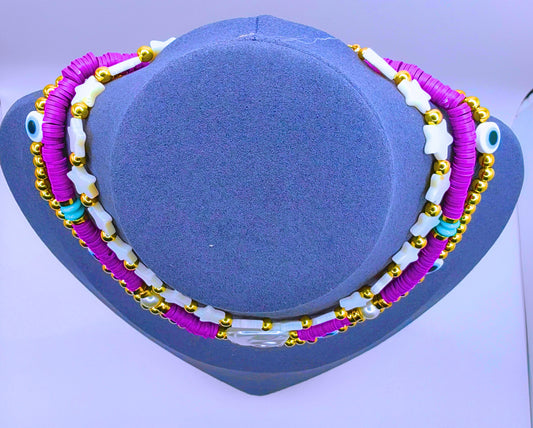 BNv0001 - Collar Plástico Bohemio Triple Morado Ojo Turco Calenbi