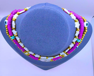 BNv0001 - Collar Plástico Bohemio Triple Morado Ojo Turco Calenbi Calenbi Joyería