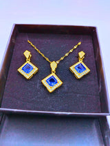 NEB0001 - Collar y Aretes Acero Titanio Rombo Circonita Cubica Azul Chapa Oro 14k Calenbi Calenbi Joyería