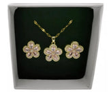 NEB0010 - Collar y Aretes Acero Titanio Circonita Cubica Rosa Flor Calenbi Calenbi Joyería