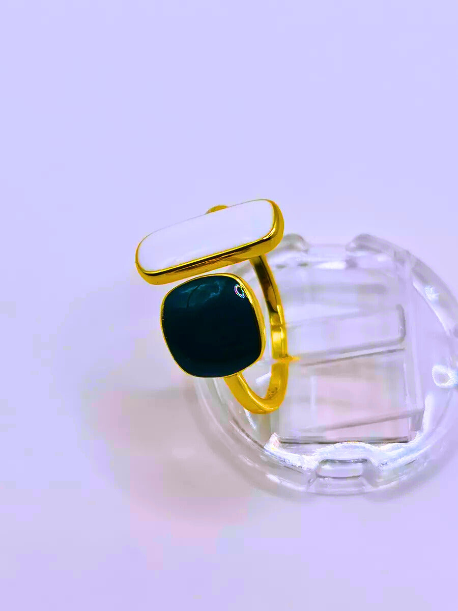 SR0032 - Anillo S925 Ley "Geométrico" Chapa Oro 10K Epoxica Ajustable Calenbi