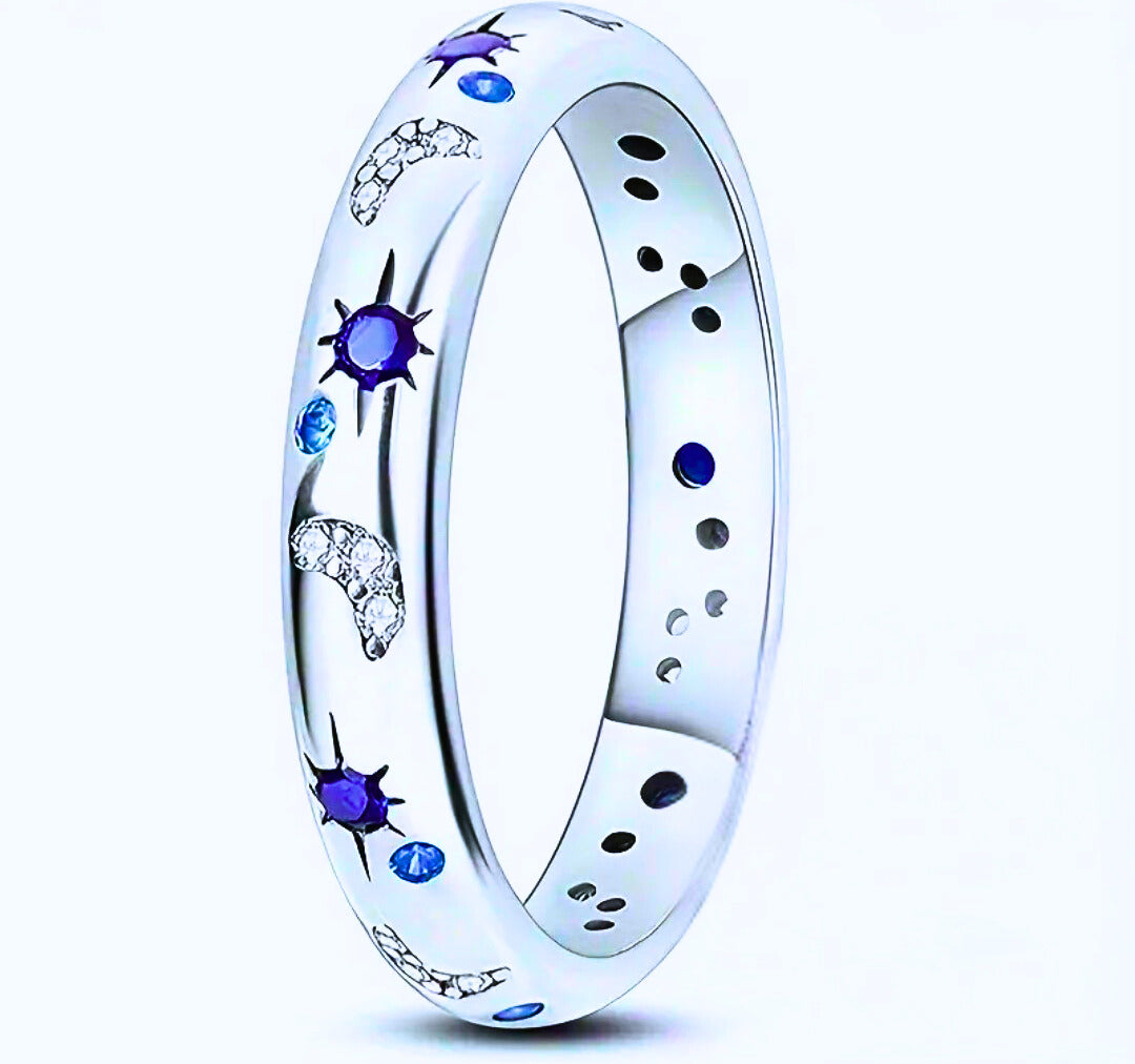 SR0007- Anillo S925 Ley "Sol, Luna y Estrellas" Cerrado Circonita Azul y Blanco Calenbi