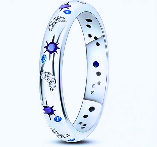 SR0007- Anillo S925 Ley "Sol, Luna y Estrellas" Cerrado Circonita Azul y Blanco Calenbi