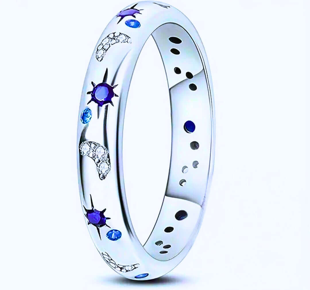 SR0007- Anillo S925 Ley "Sol, Luna y Estrellas" Cerrado Circonita Azul y Blanco Calenbi Calenbi Joyería